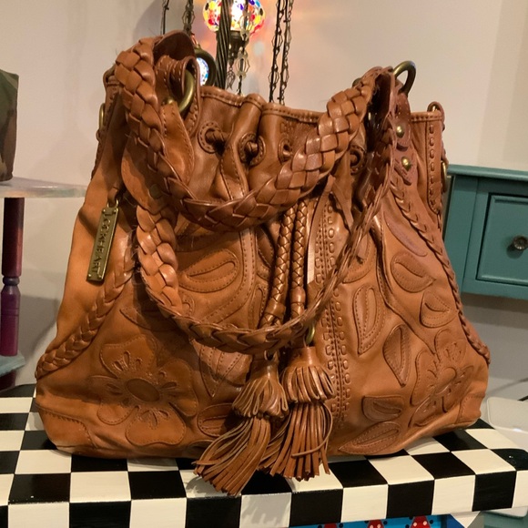 Rare LOCKHEART Braidy Bunch Bag Floral Embroidered Leather Camel Boho Vintage - Picture 1 of 8